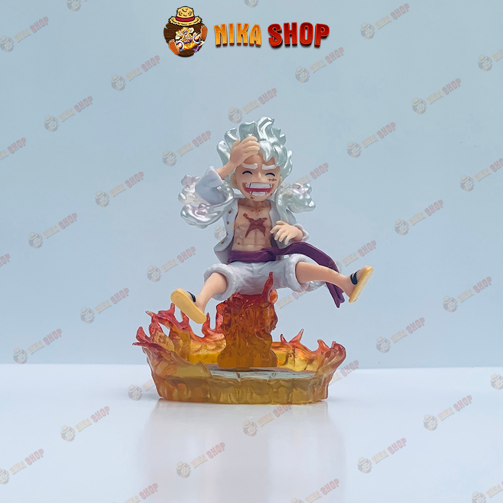 Mô hình One Piece Luffy Gear 5 Nika ngồi đế lửa, Nika Chibi, Mini Fullbox cao 14cm - Figure Onepiece Trang trí để bàn