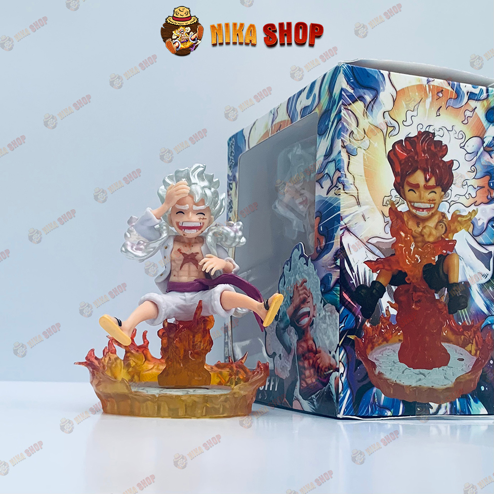 Mô hình One Piece Luffy Gear 5 Nika ngồi đế lửa, Nika Chibi, Mini Fullbox cao 14cm - Figure Onepiece Trang trí để bàn