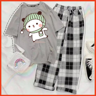 Set Đồ Bộ Nữ Cotton Mùa Hè Mặc Ở Nhà Đi Chơi , Áo Thun Phông Nữ Cotton In Mèo Mũ Len Mix Quần Caro Xám Ống Rộng Nữ MK1