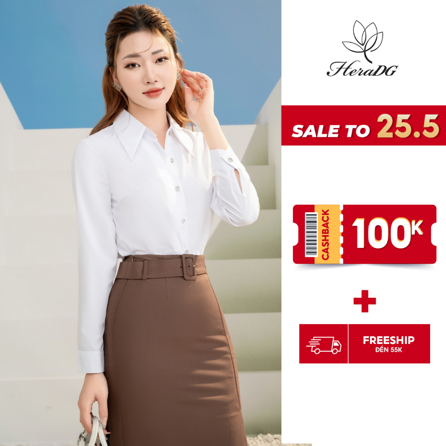 Áo sơ mi trắng dài tay nữ công sở HeraDG thiết kế cổ đức form ôm chất liệu 100% cotton poplin cao cấp thoáng mát SASBC67