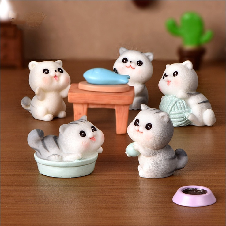 Mô hình mèo vàng xám mini mập mạp dễ thương, tượng mèo tiểu cảnh Ohstyle trang trí bàn học bàn làm việc, quà tặng