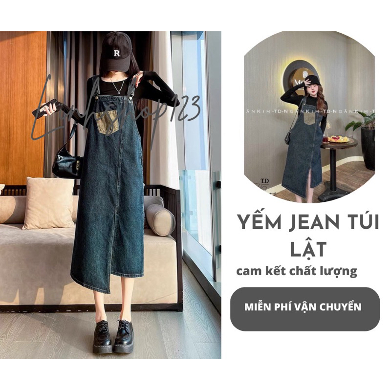 ( ảnh video thật) VÁY YẾM JEAN LẬT TÚI,Váy Yếm Bò Túi Pha Màu Sẻ Vạt Lệch Gấu Trước Mẫu 2023