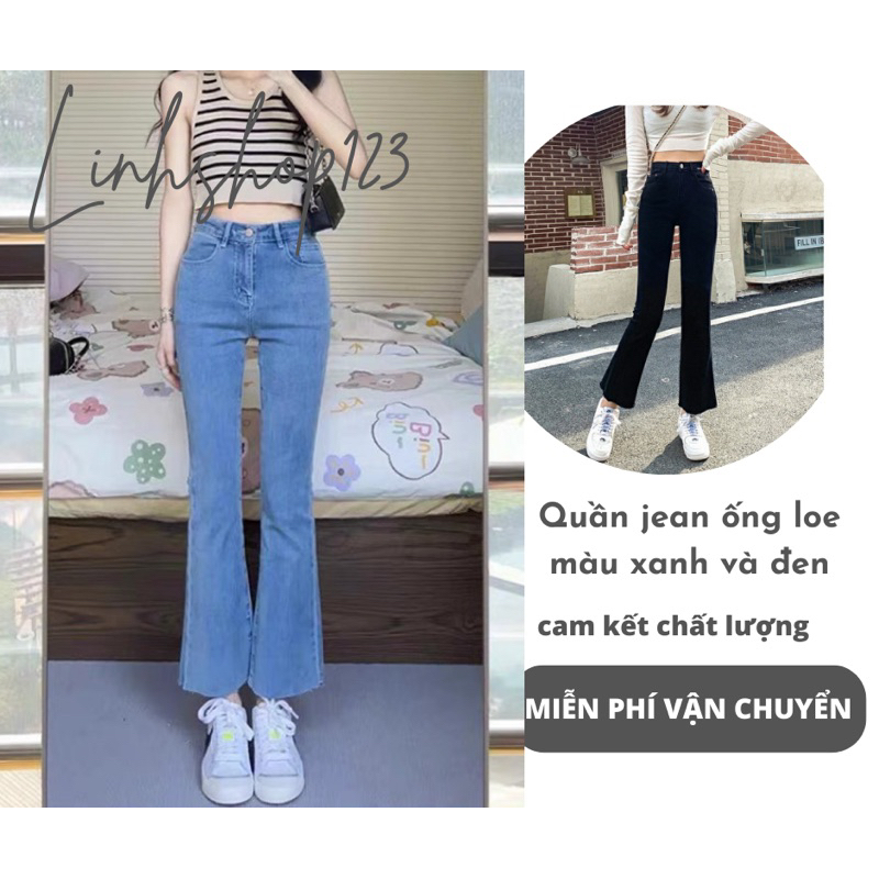 Quần jean nữ loe lửng lưng cao co giãn, Quần ống loe lưng cao hai màu xanh và đen trơn Hàn Quốc | BigBuy360 - bigbuy360.vn