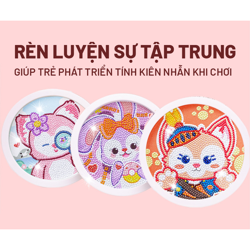 Tranh Đính Đá Handmade Kèm Khung Tranh Tròn 18cm Hình Động Vật Hoạt Hình Duffy & Friends