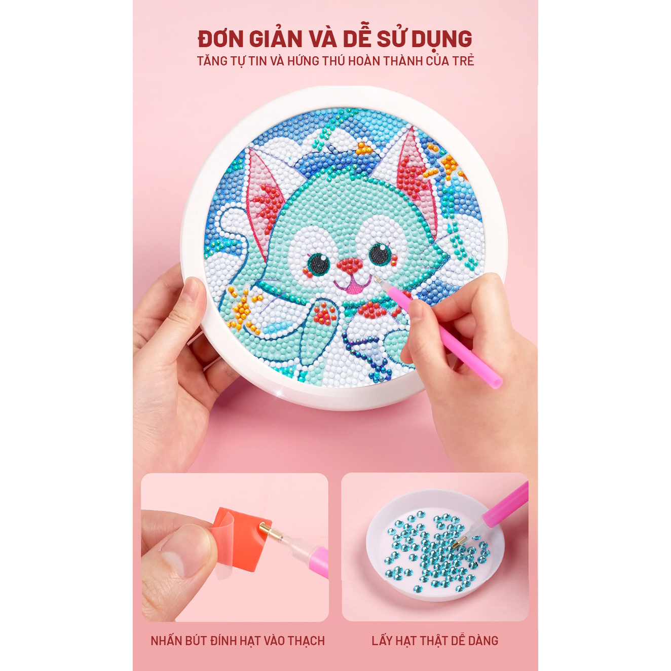 Tranh Đính Đá Handmade Kèm Khung Tranh Tròn 18cm Hình Động Vật Hoạt Hình Duffy & Friends
