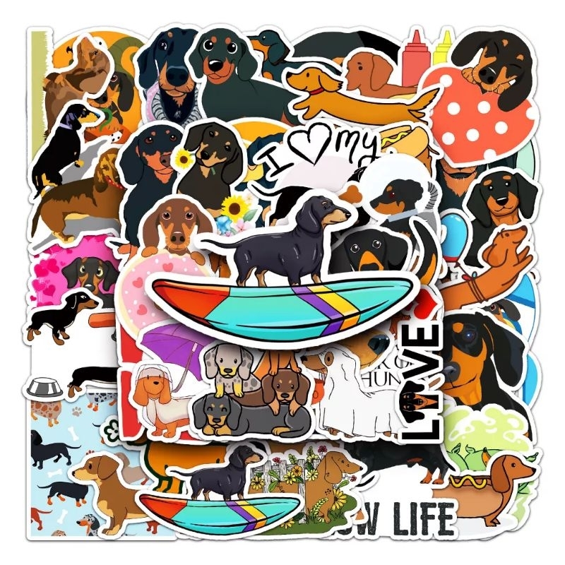 Bộ 50 miếng dán sticker chó lạp xưởng dán nón mũ bảo hiểm laptop vali sổ tay đàn guitar điện thoại xe máy