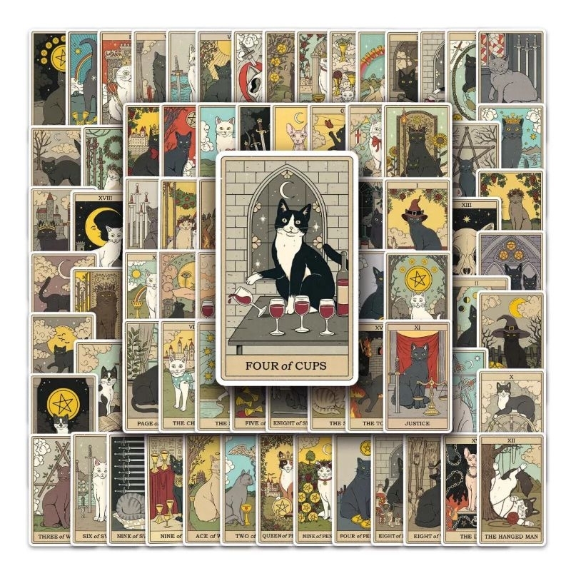 Bộ miếng dán sticker bài tarot mèo dán nón mũ bảo hiểm laptop vali sổ tay đàn guitar điện thoại tủ lạnh xe máy