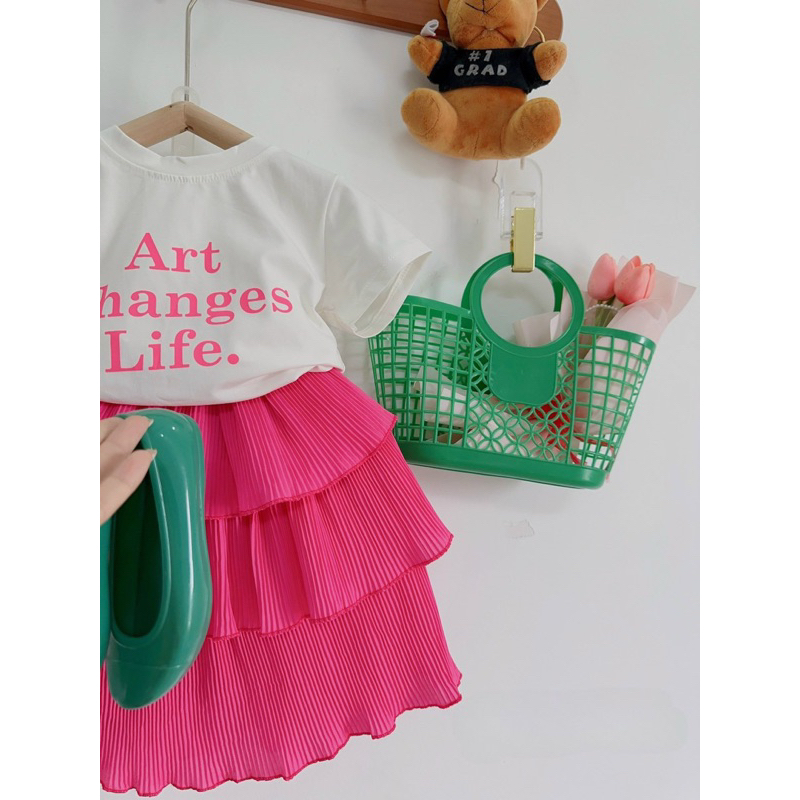 Set váy voan tầng xếp ly có lót áo len gân đính đá, set sơ mi đồng phục kèm cà vạt vải nhập qc Jane kids