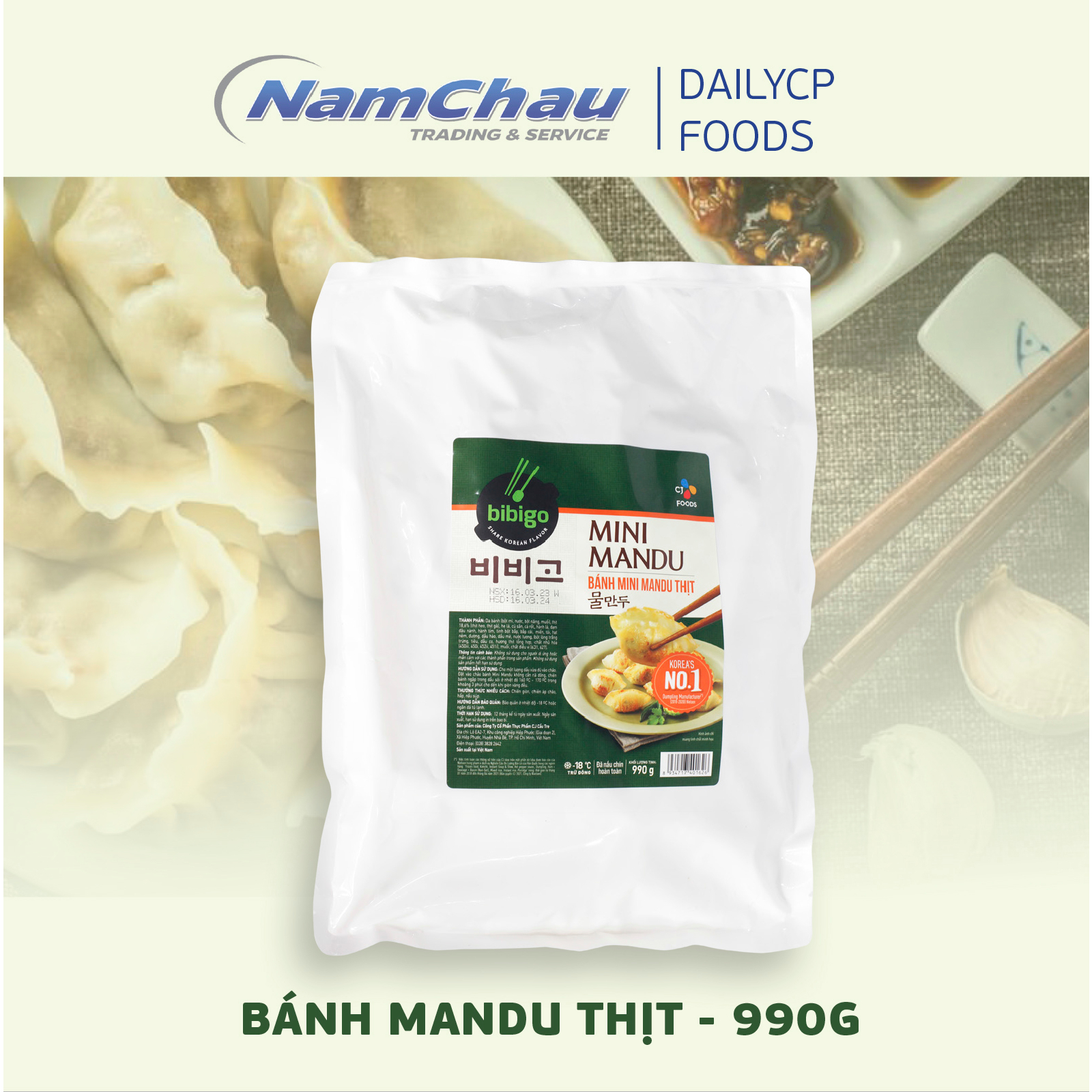 Bánh xếp Mandu mini thịt CJ Food Bibigo 990gr chiên, rán, thả lẩu, nấu súp, hấp ăn sáng tiện lợi, thơm ngon/ship hoả tốc