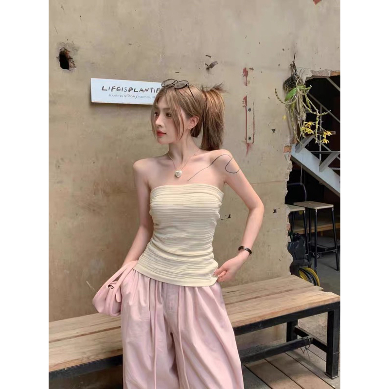 Áo ống quây hở vai Be