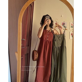 Đầm váy hai dây babydoll vải đũi cài cúc dáng xinh đáng yêu (ảnh thật tự chụp)