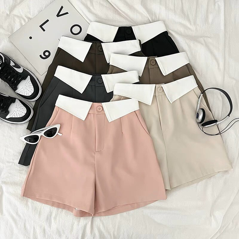 Quần short nữ , quần đùi nữ ống rộng màu đen lưng cao phối cạp trẻ trung cá tính vải tuyết mưa dày dặn đi chơi đi phố