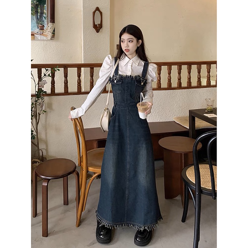 Yếm Váy Denim Tua Rua Kiểu Dáng Basic Thời Trang Nữ