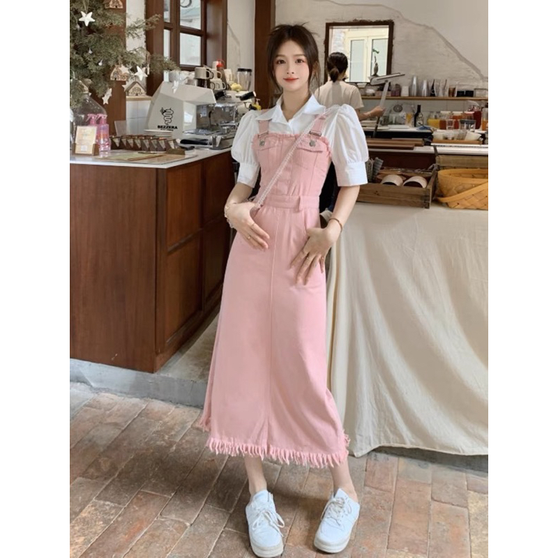 Yếm Váy Denim Tua Rua Kiểu Dáng Basic Thời Trang Nữ