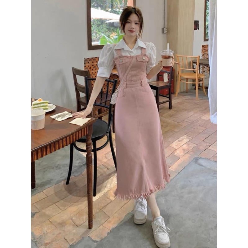 Yếm Váy Denim Tua Rua Kiểu Dáng Basic Thời Trang Nữ