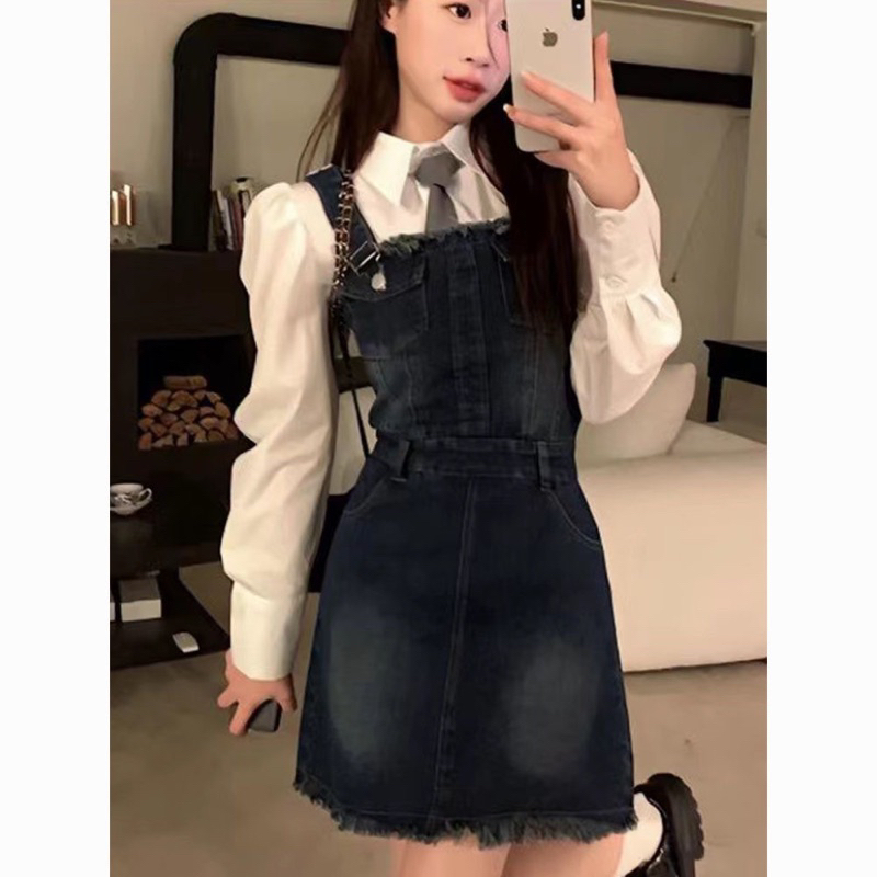 Yếm Váy Denim Tua Rua Kiểu Dáng Basic Thời Trang Nữ