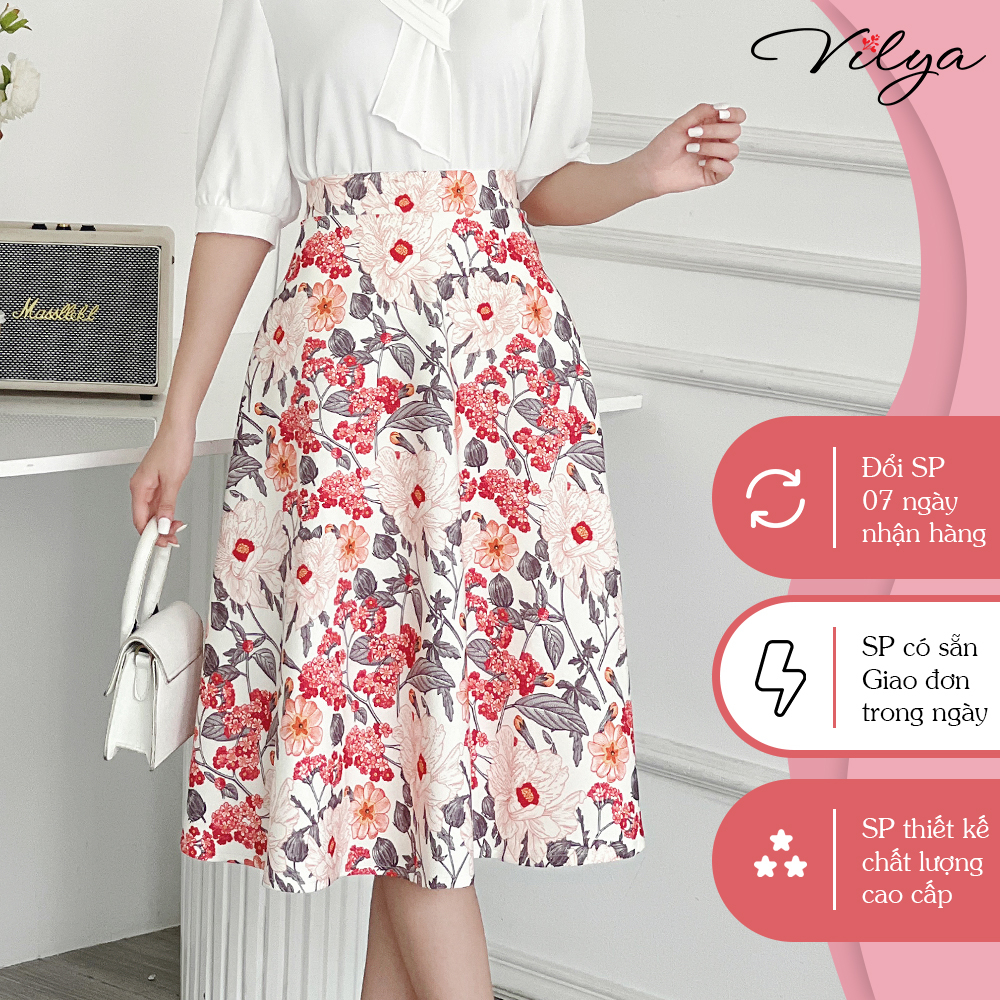 Chân váy hoa đỏ VILYA dáng xòe khóa sau VJ23-016