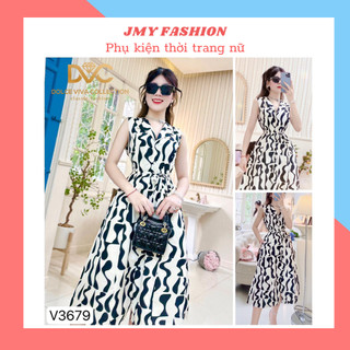 V3679 Váy đen trắng sát nách cổ vest váy đầm A xoè dài sang chảnh
