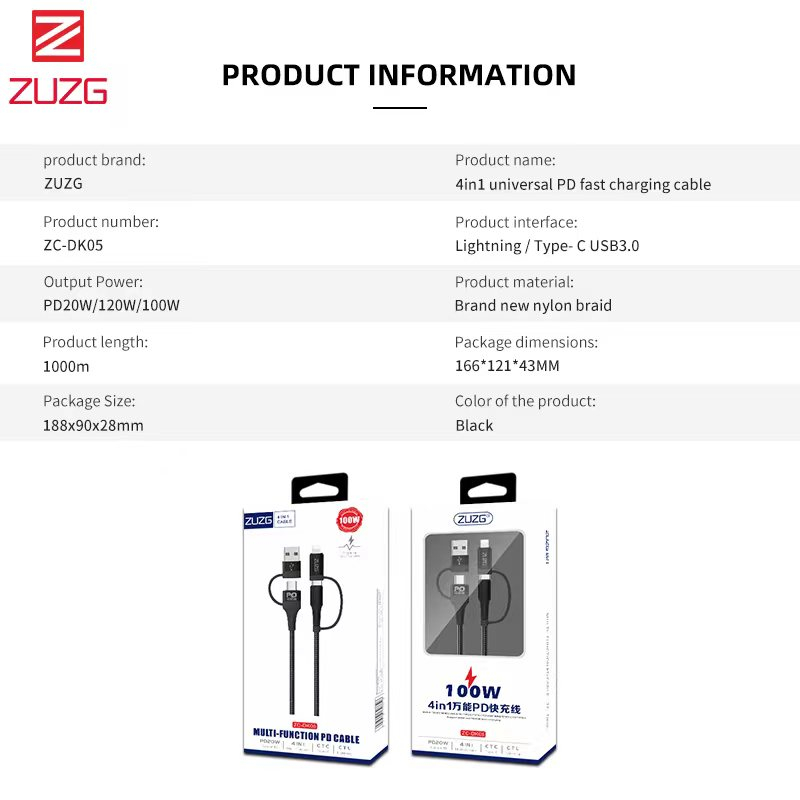 Cáp sạc 3 đầu 3in1 đa năng sạc nhanh PD chính hãng ZUZG MX04