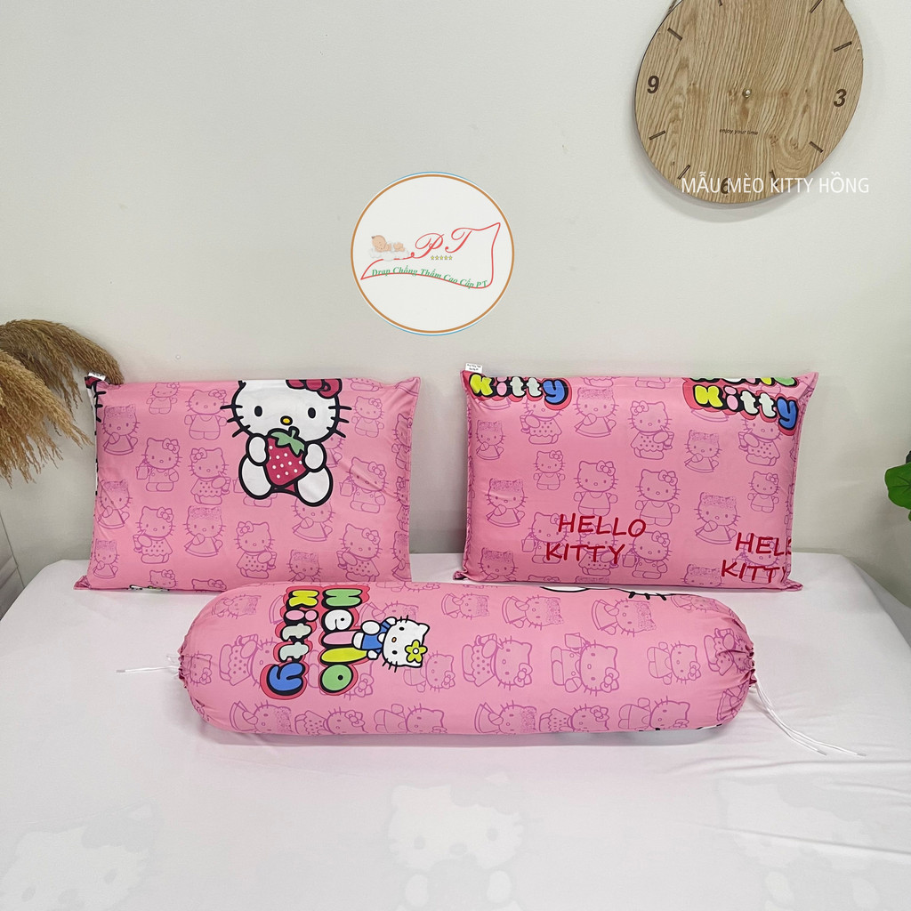 Vỏ Gối Nằm Chống Thấm, Vỏ Gối Ôm Chống Thấm PT - Mẫu Kitty Hồng