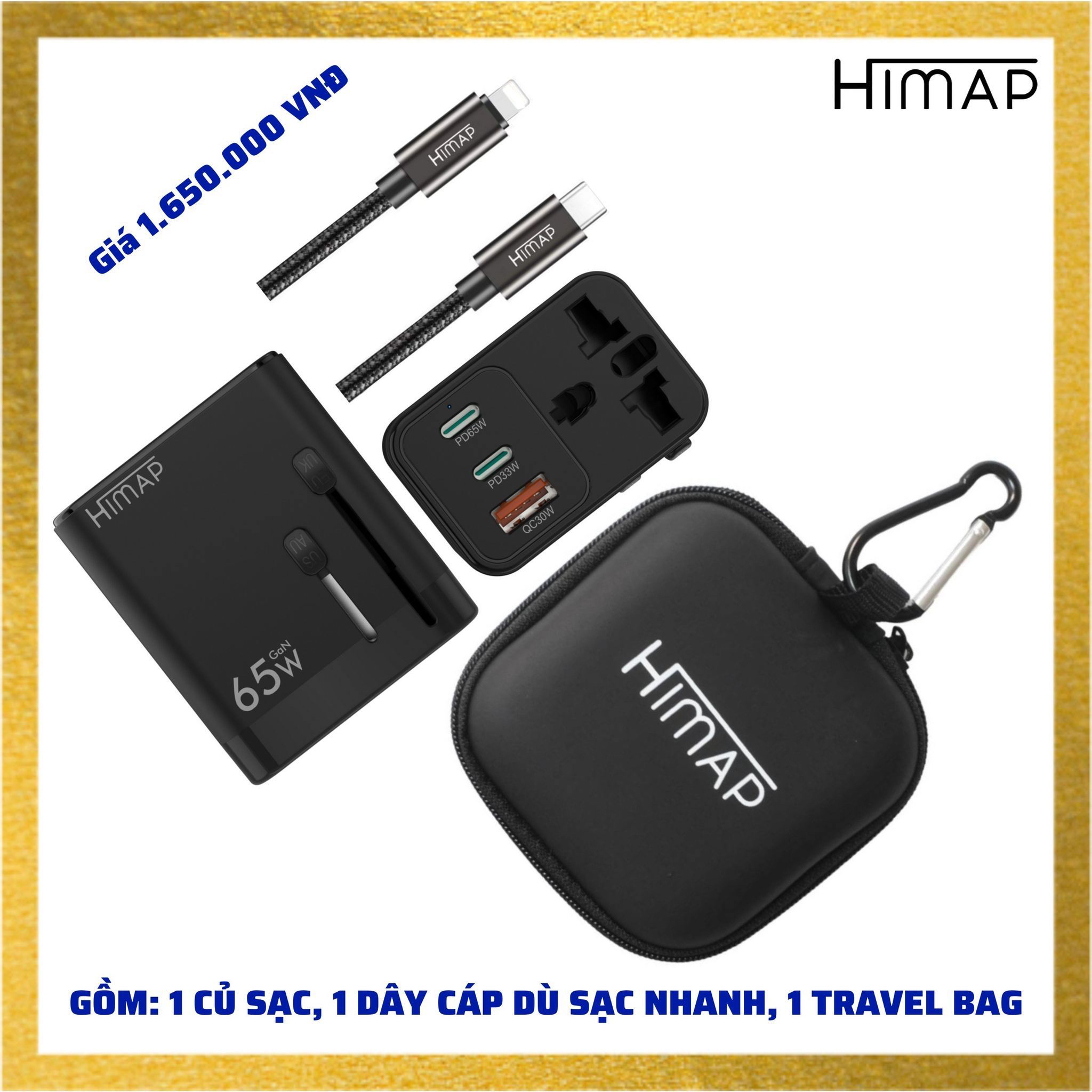 Sạc nhanh 65W HIMAP GaN PRO Travel Worldwide, chân cắm đa dụng