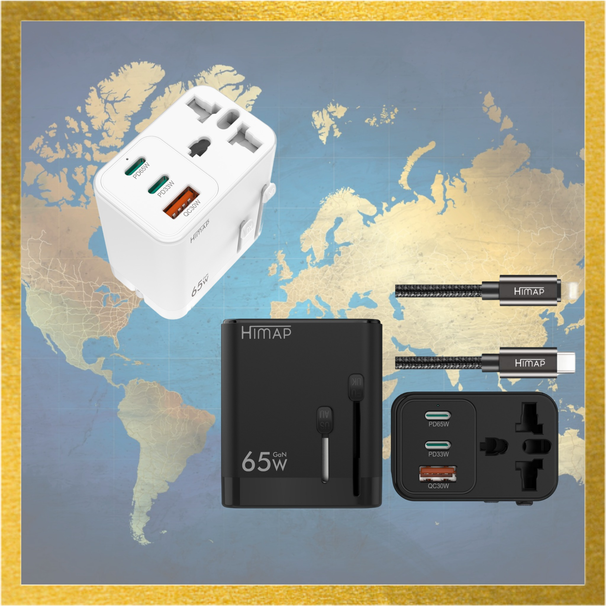 Sạc nhanh 65W HIMAP GaN PRO Travel Worldwide, chân cắm đa dụng