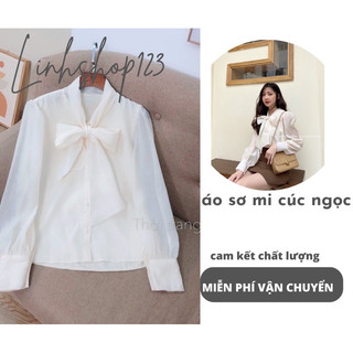 Áo sơ mi nơ voan nơ cúc ngọc, Sơ mi kiểu bánh bèo dài tay nữ thiết kế nơ buộc cổ xinh xắn lịch sự
