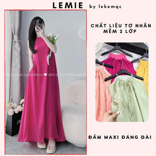 Đầm Maxi Tơ Cổ Yếm Hở Lưng Dây Rút Tuỳ Chỉnh V110,Đầm Váy Đi Biển Sexy Hai Lớp Đủ Màu Ảnh Thật Lekemqc