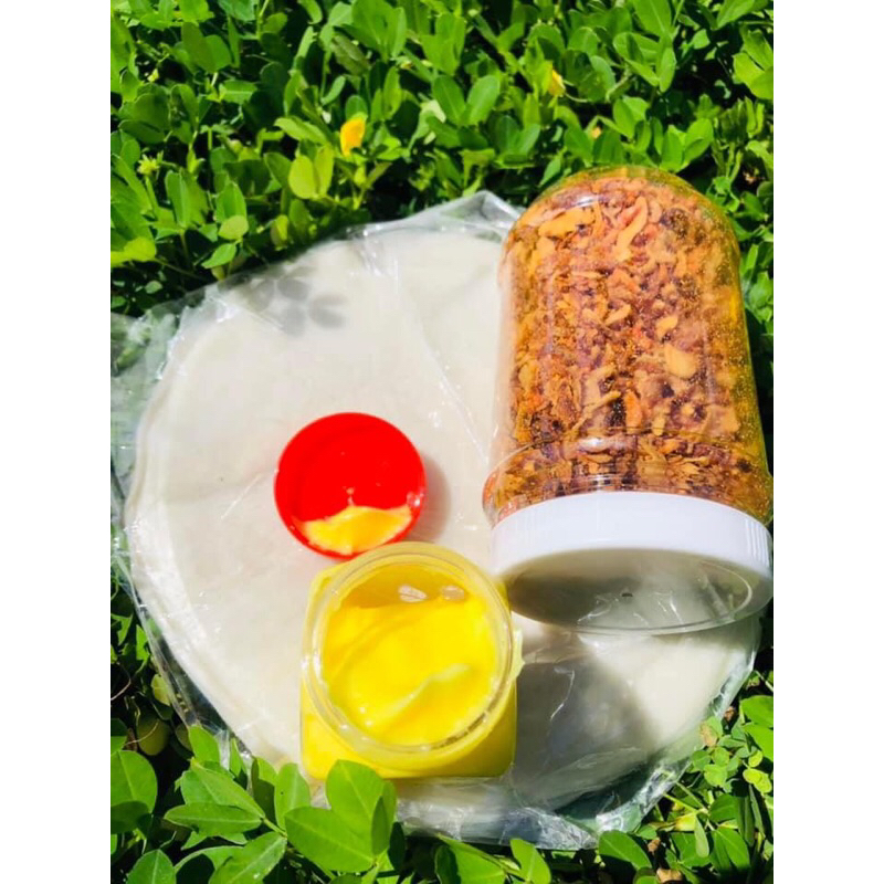 Combo Phơi Sương 500g: bánh tráng phơi sương 250g, bơ trứng gà 100g & muối hành phi ruốc 150g.