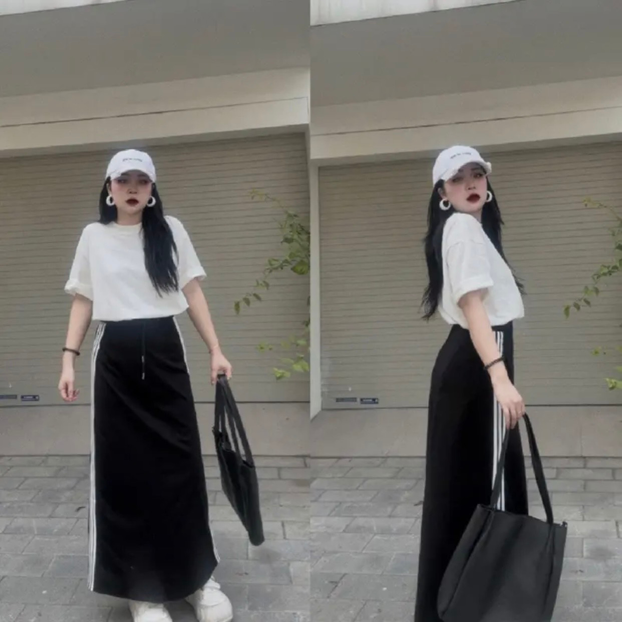 Chân Váy Dáng Dài Phối Viền Ba Sọc Cá Tính, Chân Váy Dài Xẻ Sau MS25