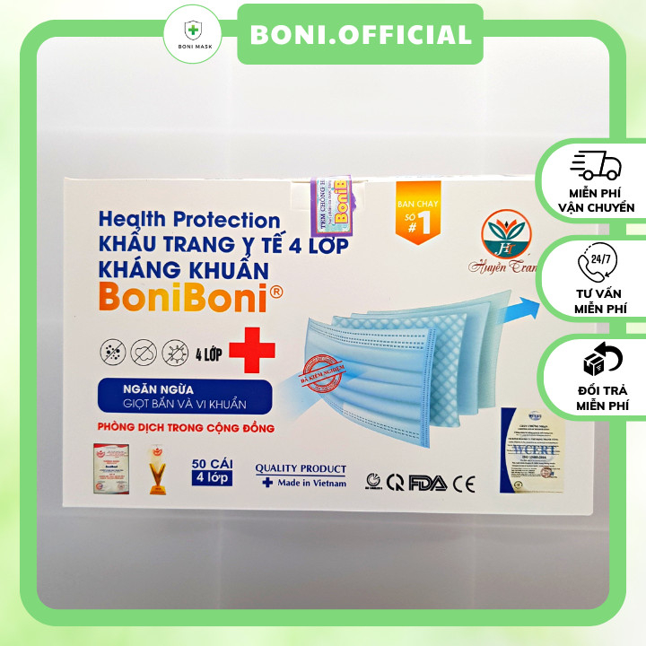 Khẩu trang y tế 4 lớp kháng khuẩn cao cấp ngăn bụi phòng dịch hộp 50 chiếc Boni Boni KT01