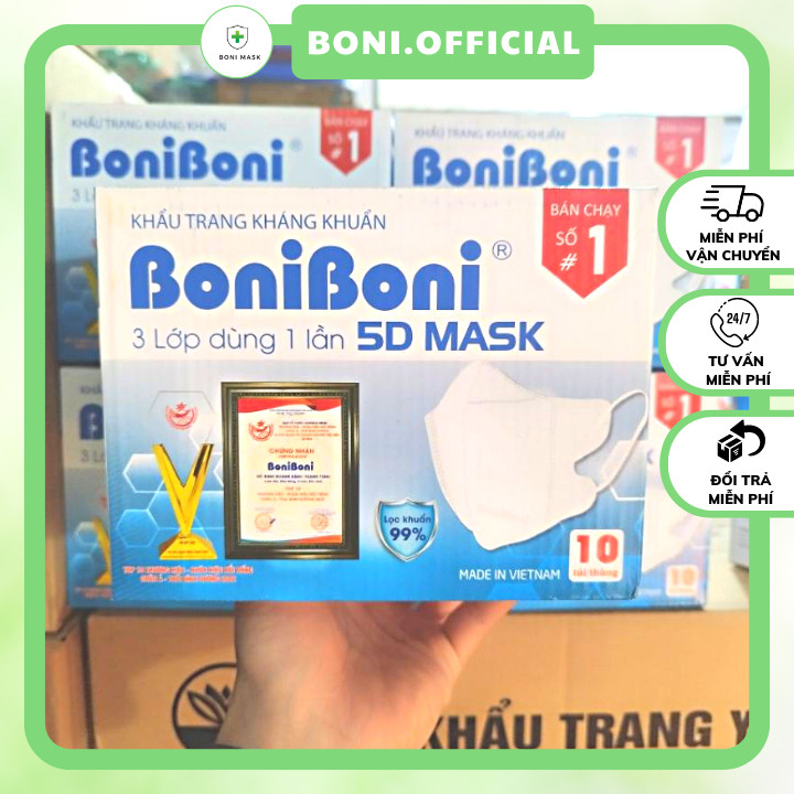 Khẩu trang 5d mask BoniBoni cao cấp kháng khuẩn lọc bụi không đau tai thùng 10 túi
