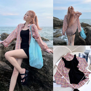 Set áo khoác sơ mi hồng kẻ caro kèm jumpsuit