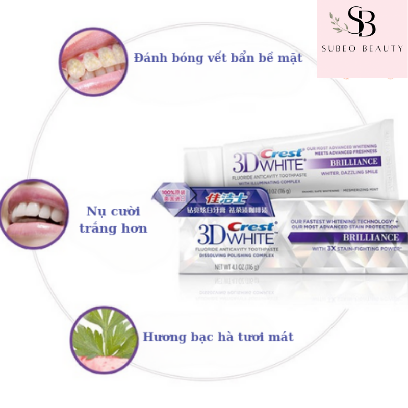 Kem đánh răng crest 3D White Brilliace trắng sáng , hương bạc hà tươi mát , đánh bay vết ố bẩn , Subeo Beauty