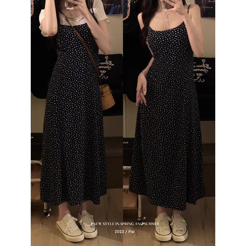 Set váy đầm hai dây maxi hoa nhí đen + áo thun trắng viền ren mùa hè ulzzang Hàn Quốc Yannie
