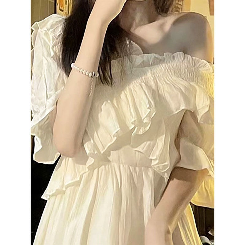 Đầm maxi trễ vai tay ngắn Hepburn cổ chữ V dự tiệc sinh nhật phong cách retro cổ điển _ Liyhouse