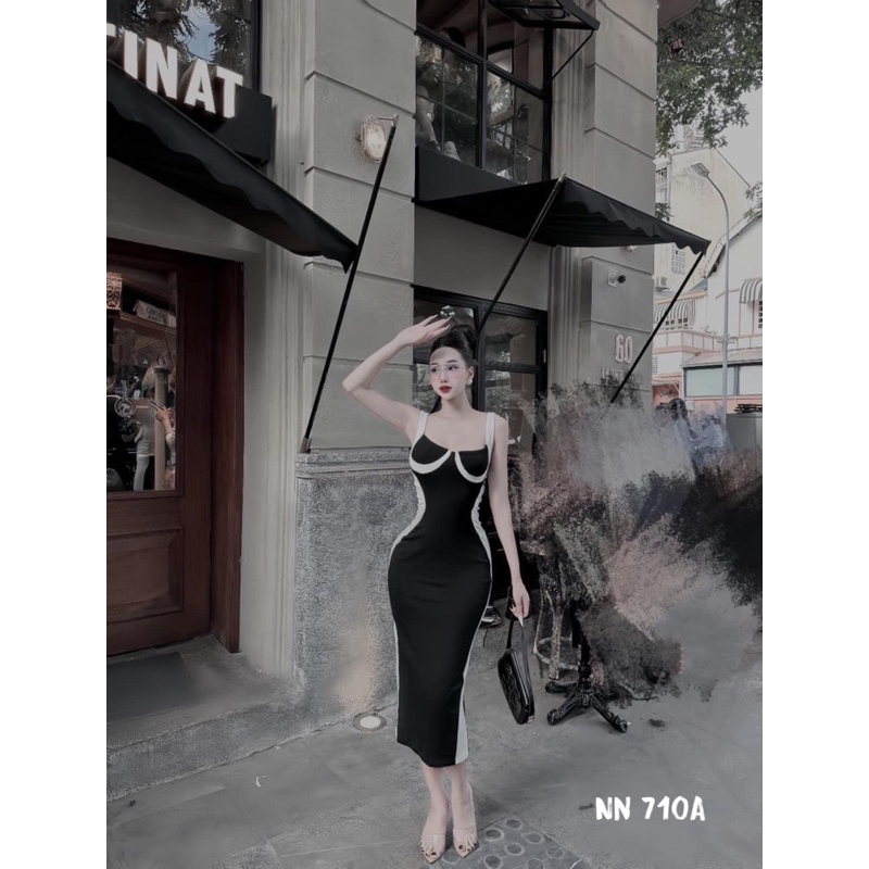 Váy 2 dây body dáng dài phối viền 2 bên siêu xinh