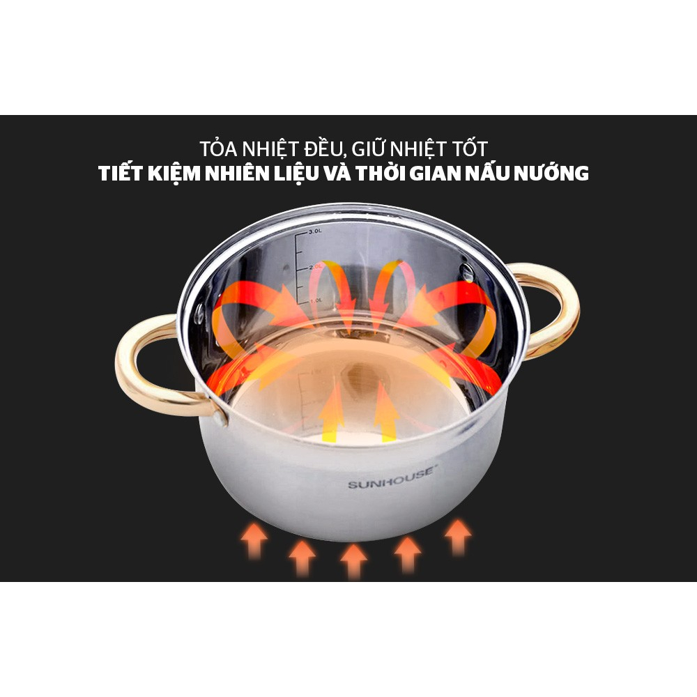 Nồi inox bếp từ 5 đáy nắp kính SUNHOUSE 16-20-24 CM Siêu Dày