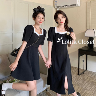 Váy đầm đen cổ vuông dáng ngắn dài nơ lưng phong cách Hàn Quốc