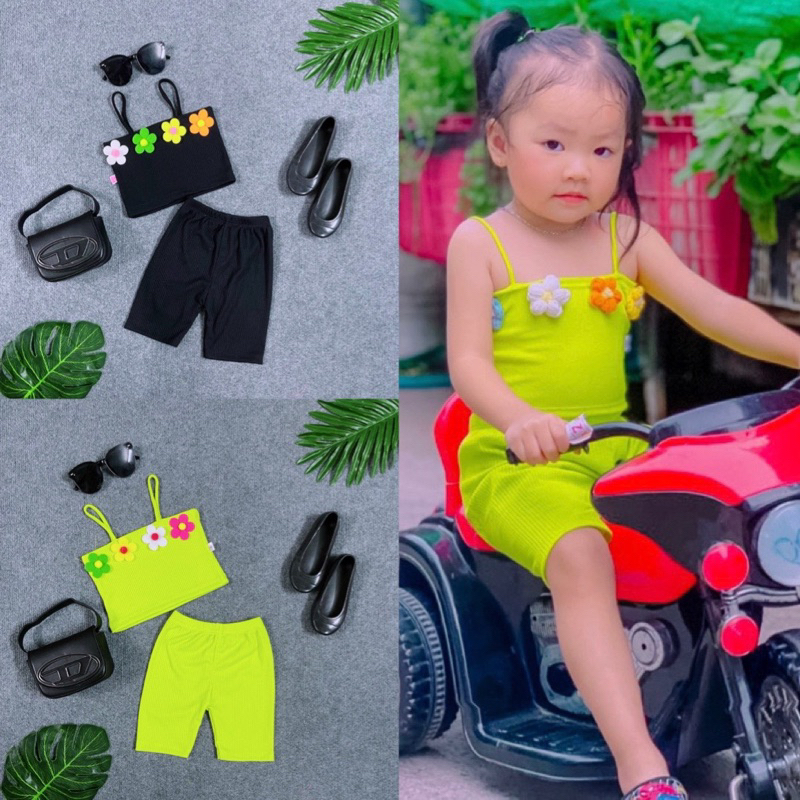 Bộ Thể Thao 2 Dây Áo Màu Quần Thun Ngố 3 Sọc Bé Gái Chất Thun Cotton Mềm Mại
