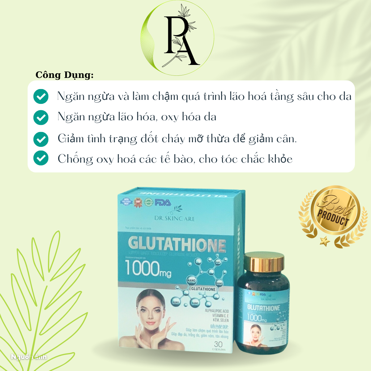 Viên Uống GLUTATHIONE 1000mg, Giúp Trắng Da Giảm Nám Mờ Nhăn Chống Lão Hoá Chính Hãng, Hộp 30 viên | BigBuy360 - bigbuy360.vn