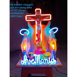 Bộ bàn thờ công giáo tượng 23cm gắn đèn hào quang neon sign mẫu nhỏ vừa cho nhà trần thấp
