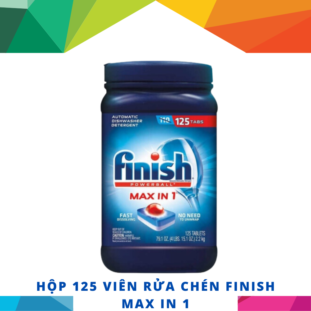 Hộp 125 viên rửa chén Finish Max in 1 + Hộp 1,5Kg muối + 2 Chai 400ml làm bóng + Vỉ 3 viên vệ sinh