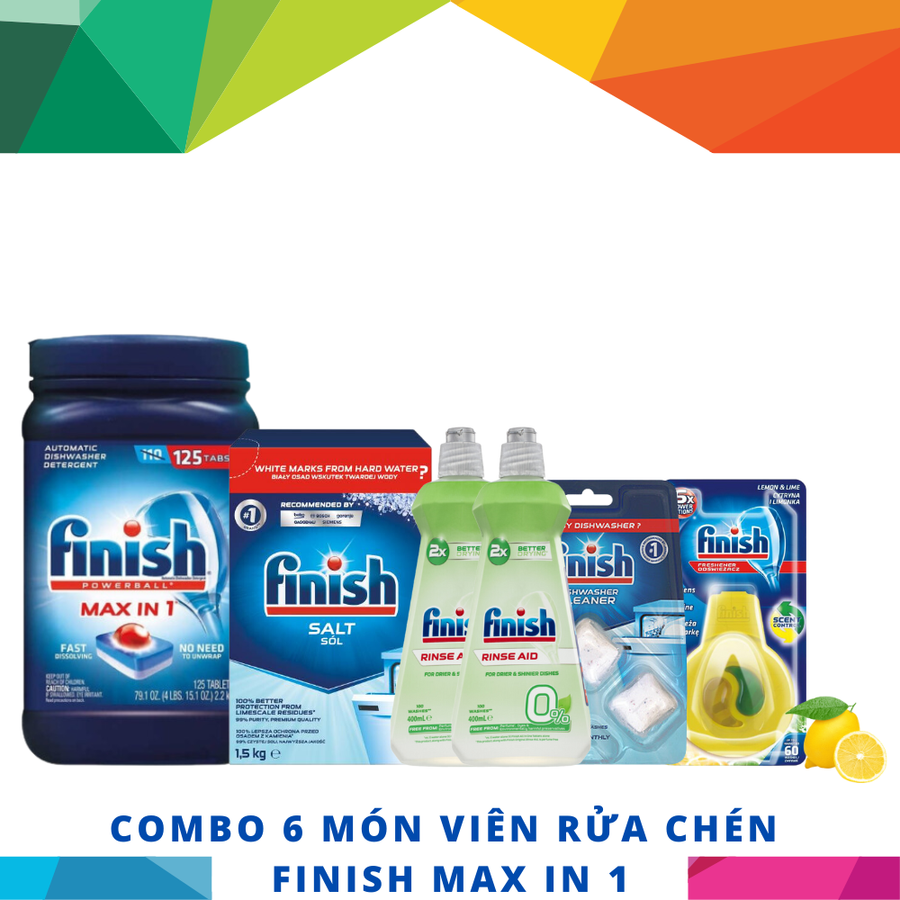 Hộp 125 viên rửa chén Finish Max in 1 + Hộp 1,5Kg muối + 2 Chai 400ml làm bóng + Vỉ 3 viên vệ sinh