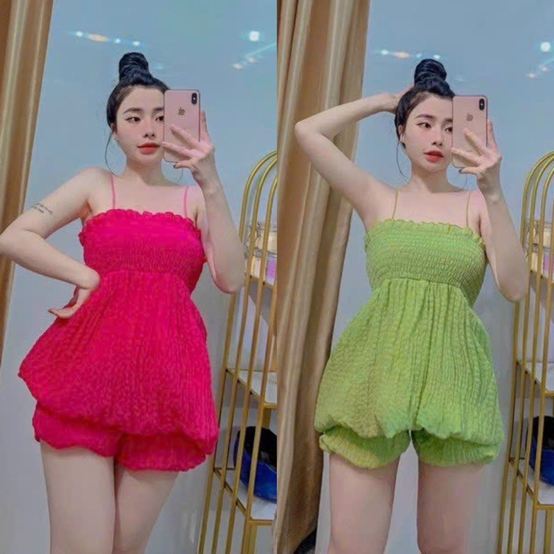 Set Bộ Áo Dây Bún Nhún Babidoll Xốp + Quần Short Đùi Bí
