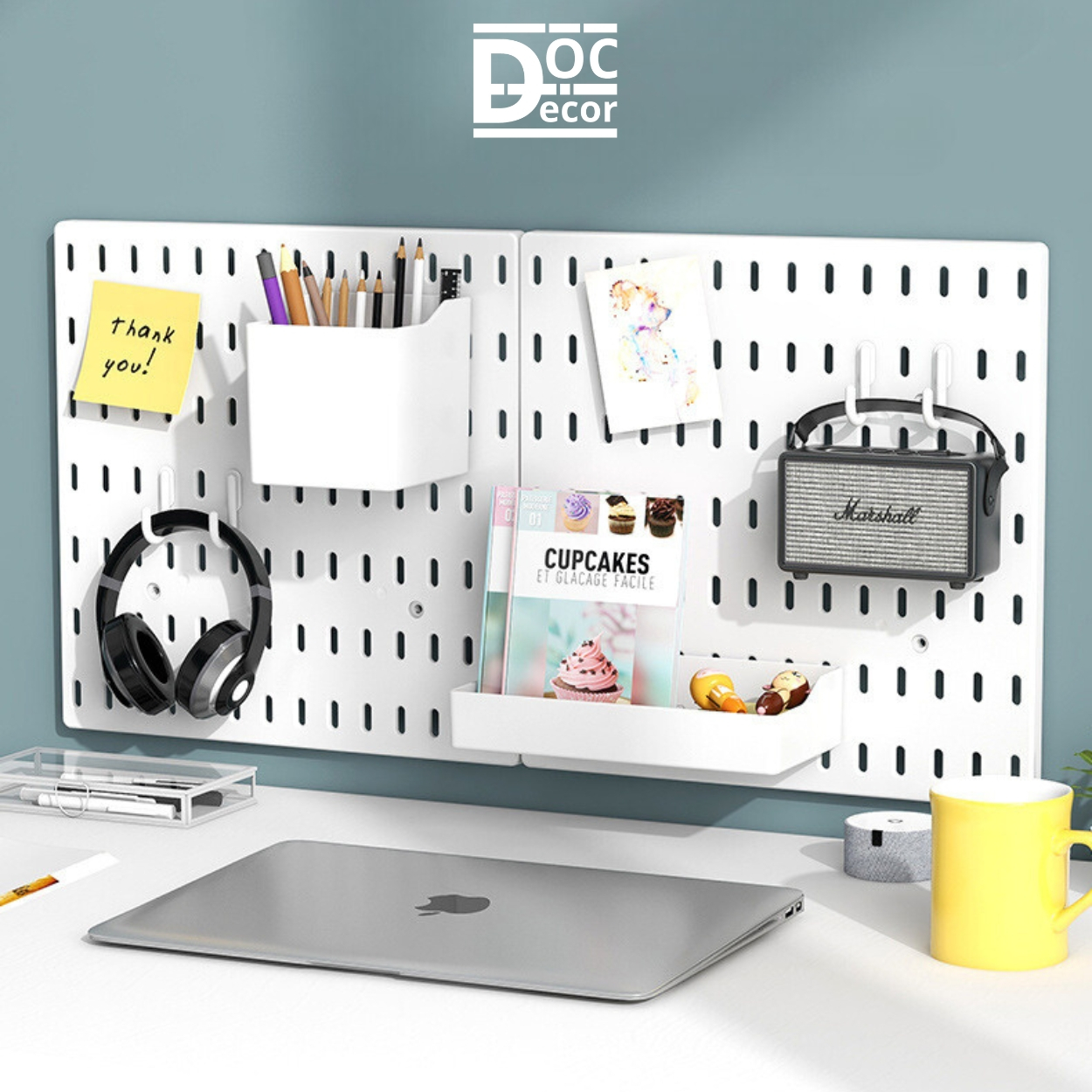 Kệ treo tường pegboard decor bàn học phòng ngủ bếp nhà tắm kèm phụ kiện, dán tường không khoan đục