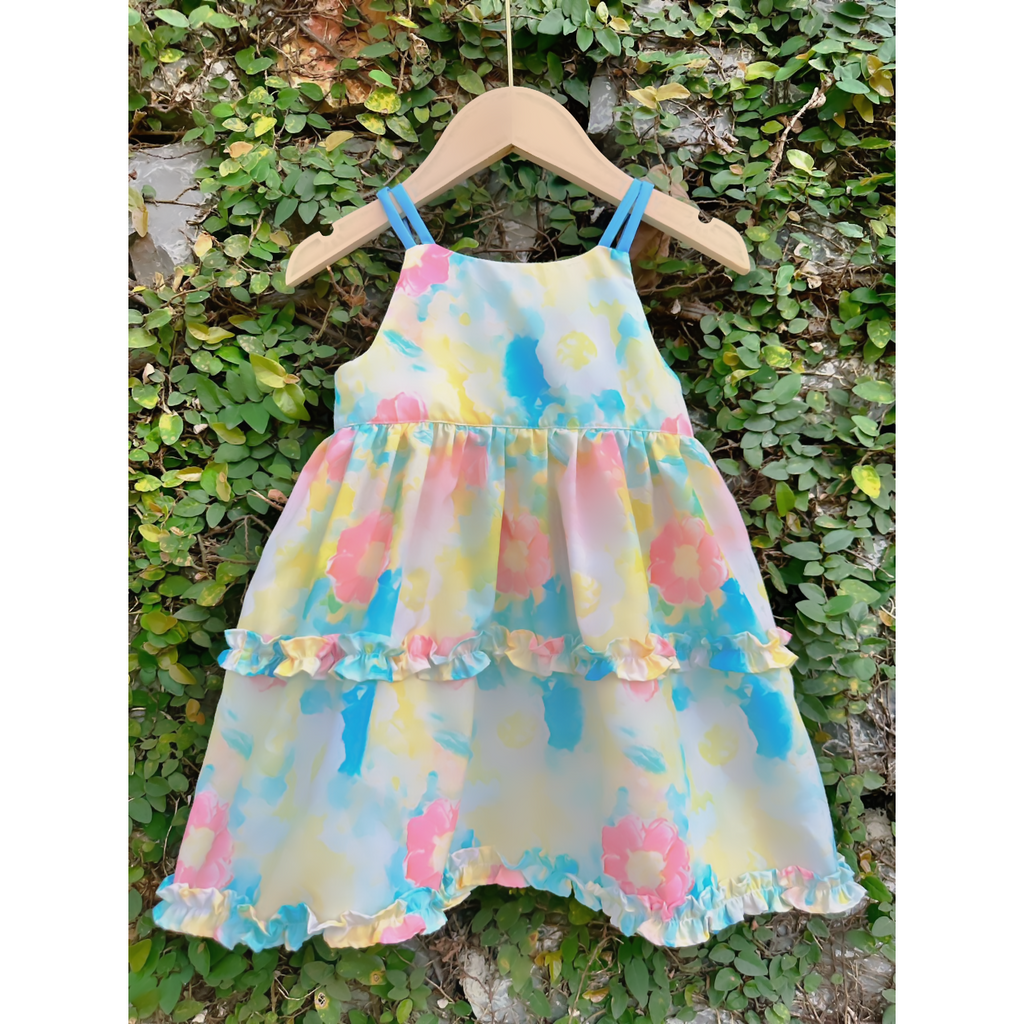 Váy bé gái , hai dây chất thô cotton, họa tiết sơn dầu