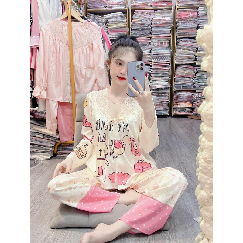 Bộ ngủ Thỏ kem cổ tròn phối ren dài và ngắn tay,TK lụa tơ.tằm của 2CE