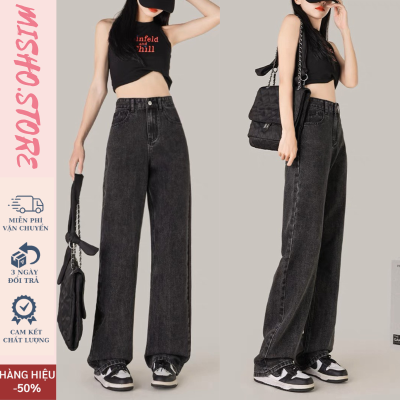 Quần Jean nữ ống rộng CẠP CAO Misho, Quần Bò jeans nữ đen xám phong cách Retro Ulzzang 2023 | BigBuy360 - bigbuy360.vn