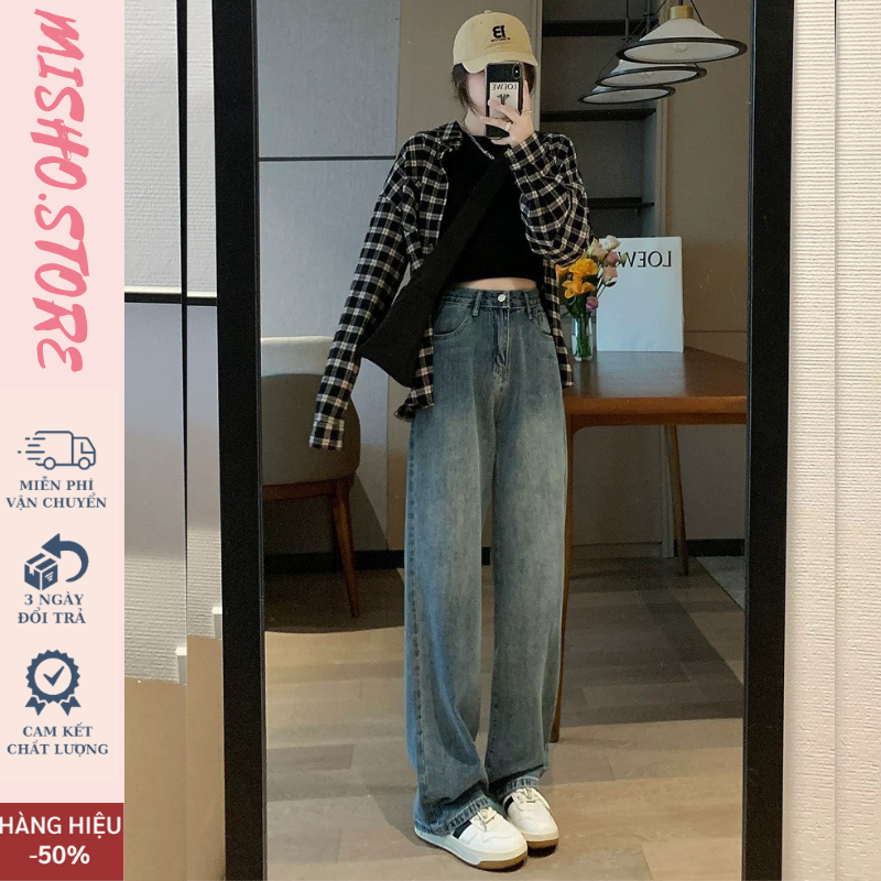 Quần Jean nữ ống rộng CẠP CAO Misho, Quần Bò jeans nữ đen xám phong cách Retro Ulzzang 2023 | BigBuy360 - bigbuy360.vn
